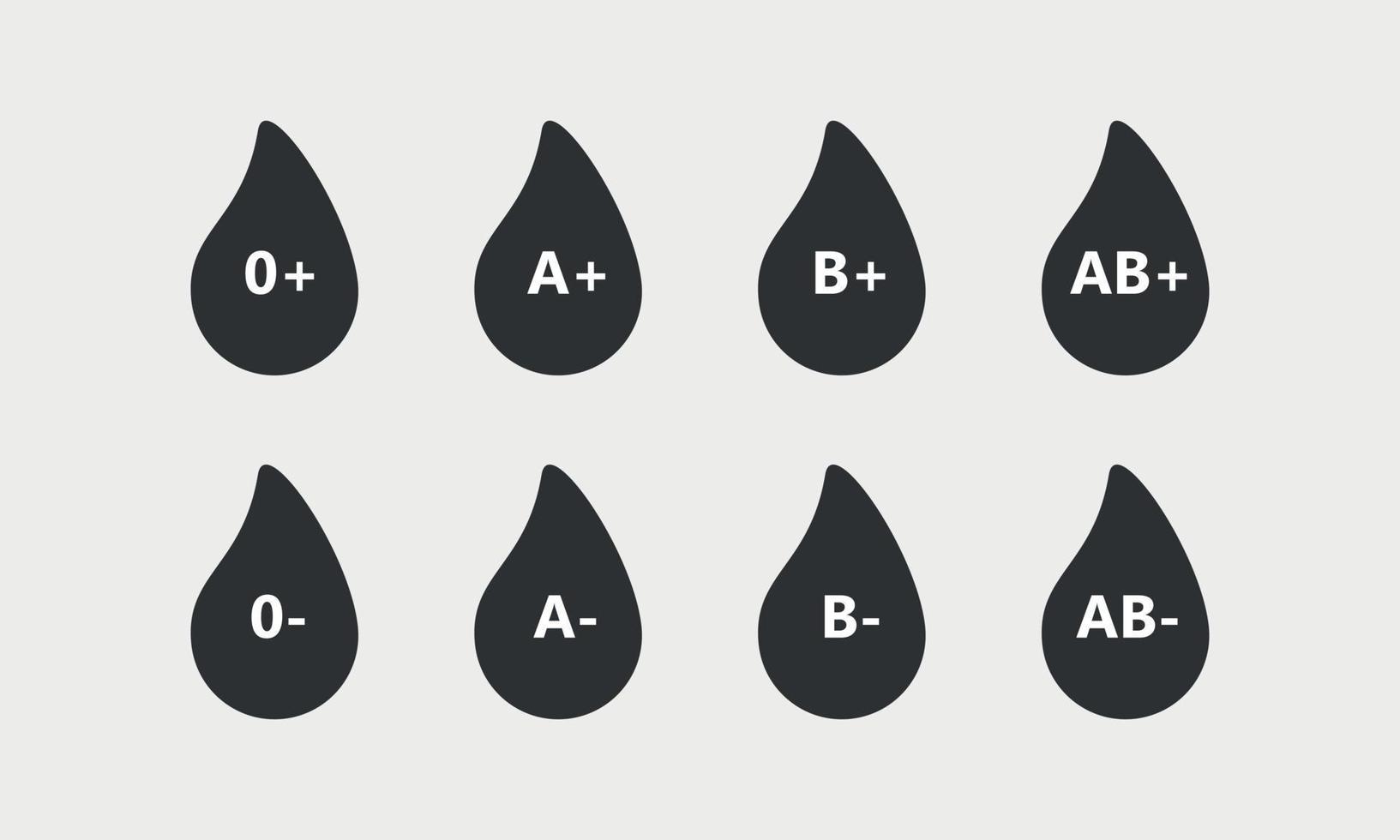 Type blood icons set. Blood drops chart for donation. Black droplet. Vector illustration