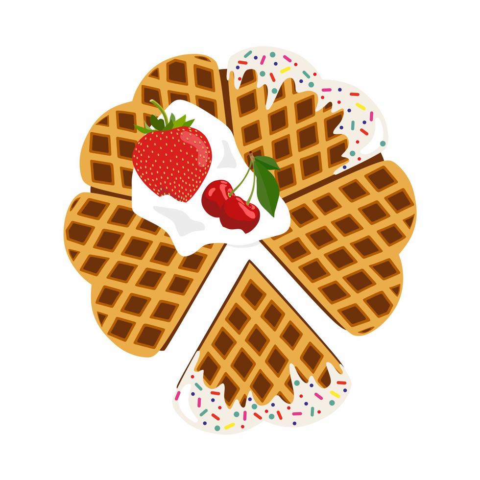 Belgian waffles in shape of heart with strawberries, cherries, cream and white chocolate. Valentines day celebration. vector