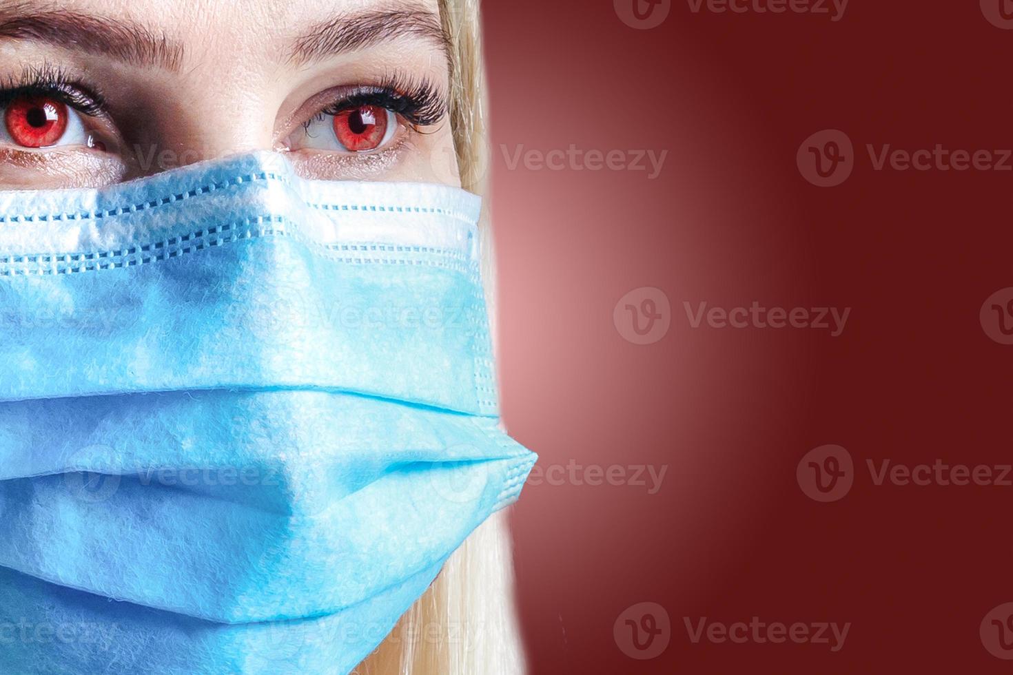 Air pollution in the city. Woman wearing face mask for protection. photo