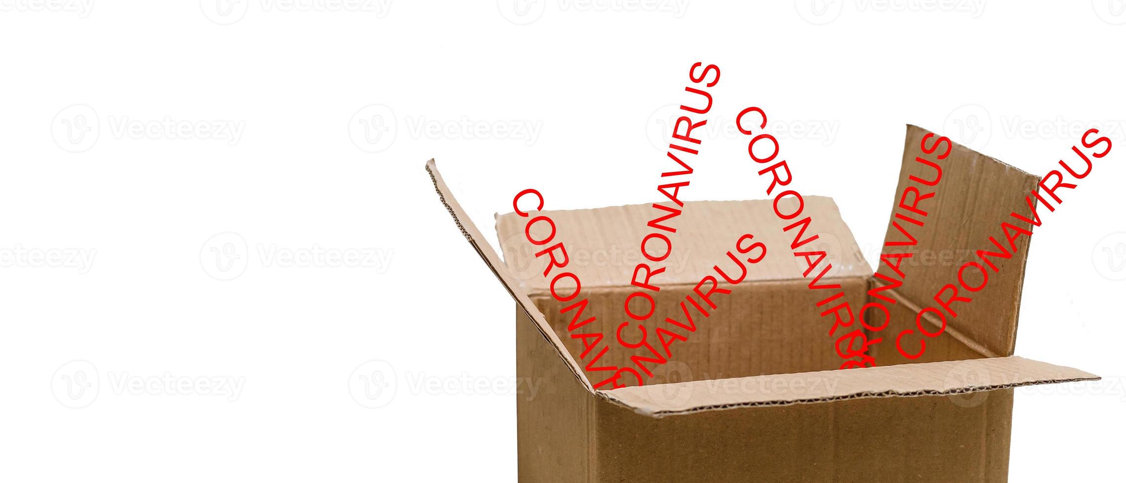 Opened cardboard shipment package box and virus cells. Transmission of