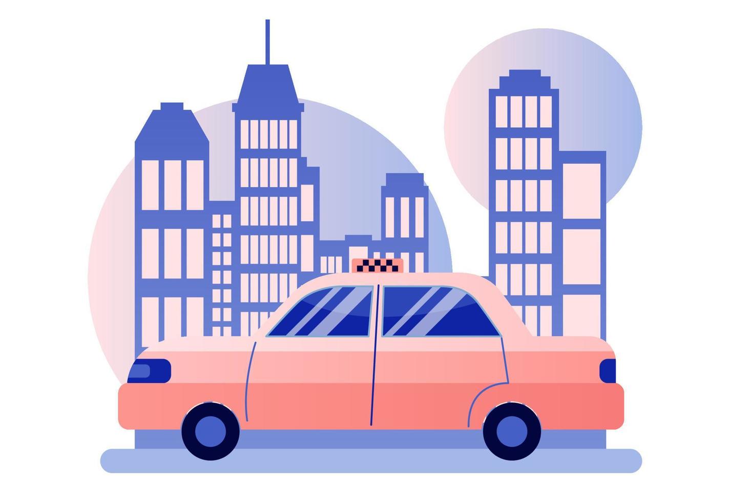 Taxi service. Background the city with skyscrapers. Flat cartoon style. Vector illustration