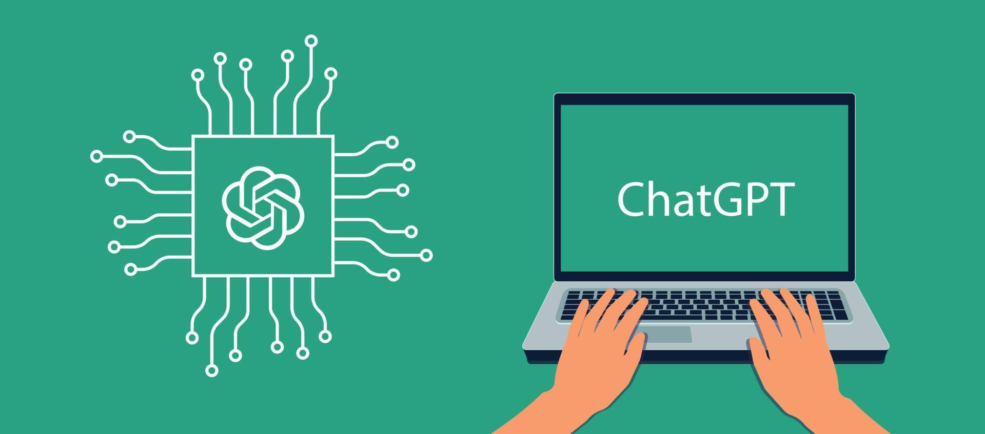 Minsk, Belarus - 04-02-2023. A person uses an artifical chatbot system assistant on a laptop. Work and communication at computer with artificial intelligence technology OpenAI and ChatGPT chat bot vector