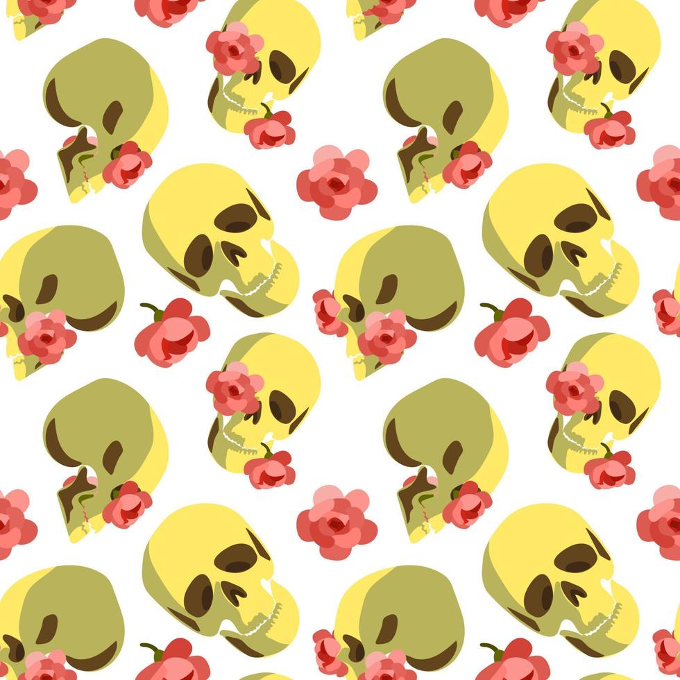 A pattern of skulls with flowers. Background with portraits, human skulls and flowers inside. Background for printing for the holiday of the Day of the dead and Halloween vector