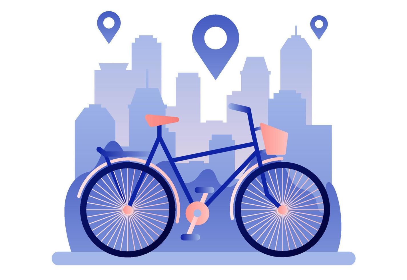 Bike rental. Background the city with skyscrapers. Flat cartoon style. Vector illustration