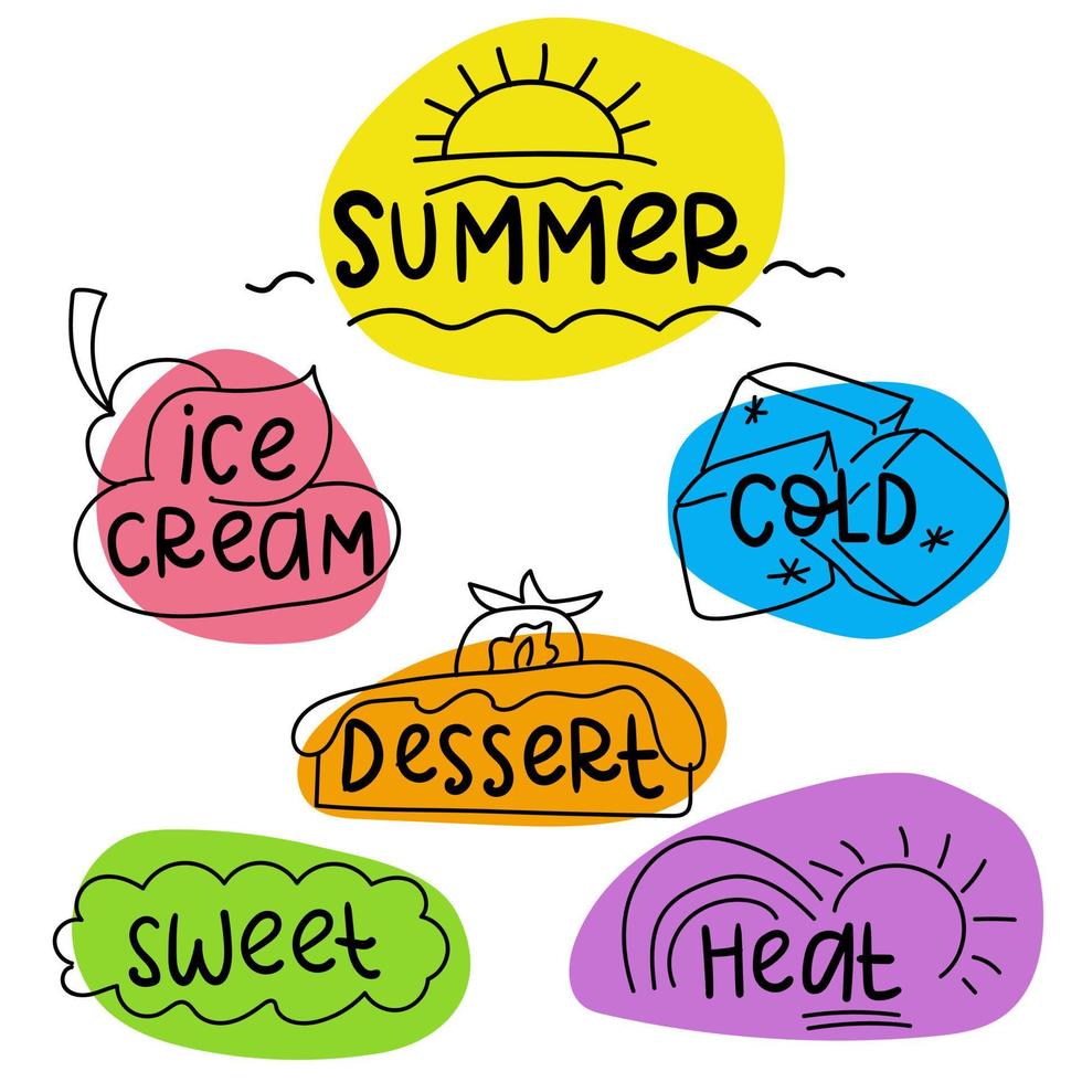 A set of inscriptions for ice cream. Inscriptions with small sketches are like stickers. Ice cream, cold, sun, summer, hot, doodle-style dessert. Black and white sketches on bright colored spots. vector