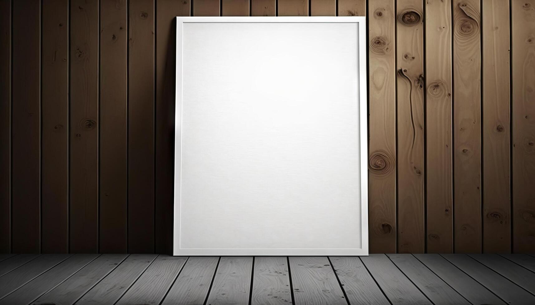 Blank white paper poster on plank wooden floor and wall. photo