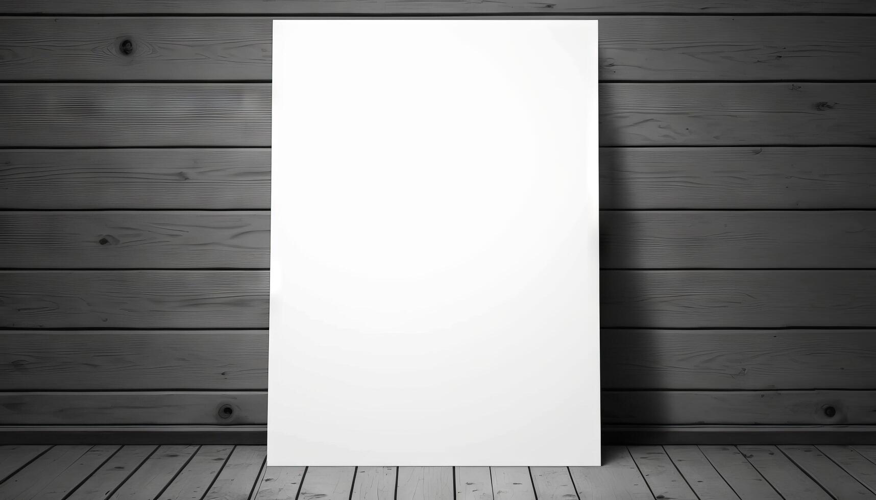 Blank white paper poster on plank wooden floor and wall. photo
