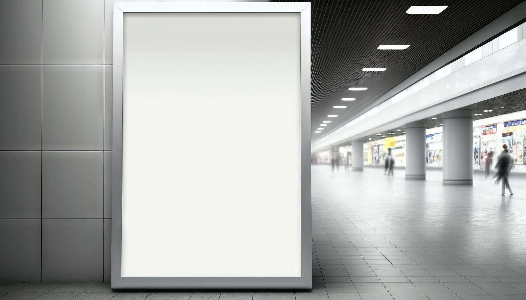 blanco póster cartelera adjunto pared con Copiar espacio para tu texto mensaje en moderno compras mall.generativo ai foto