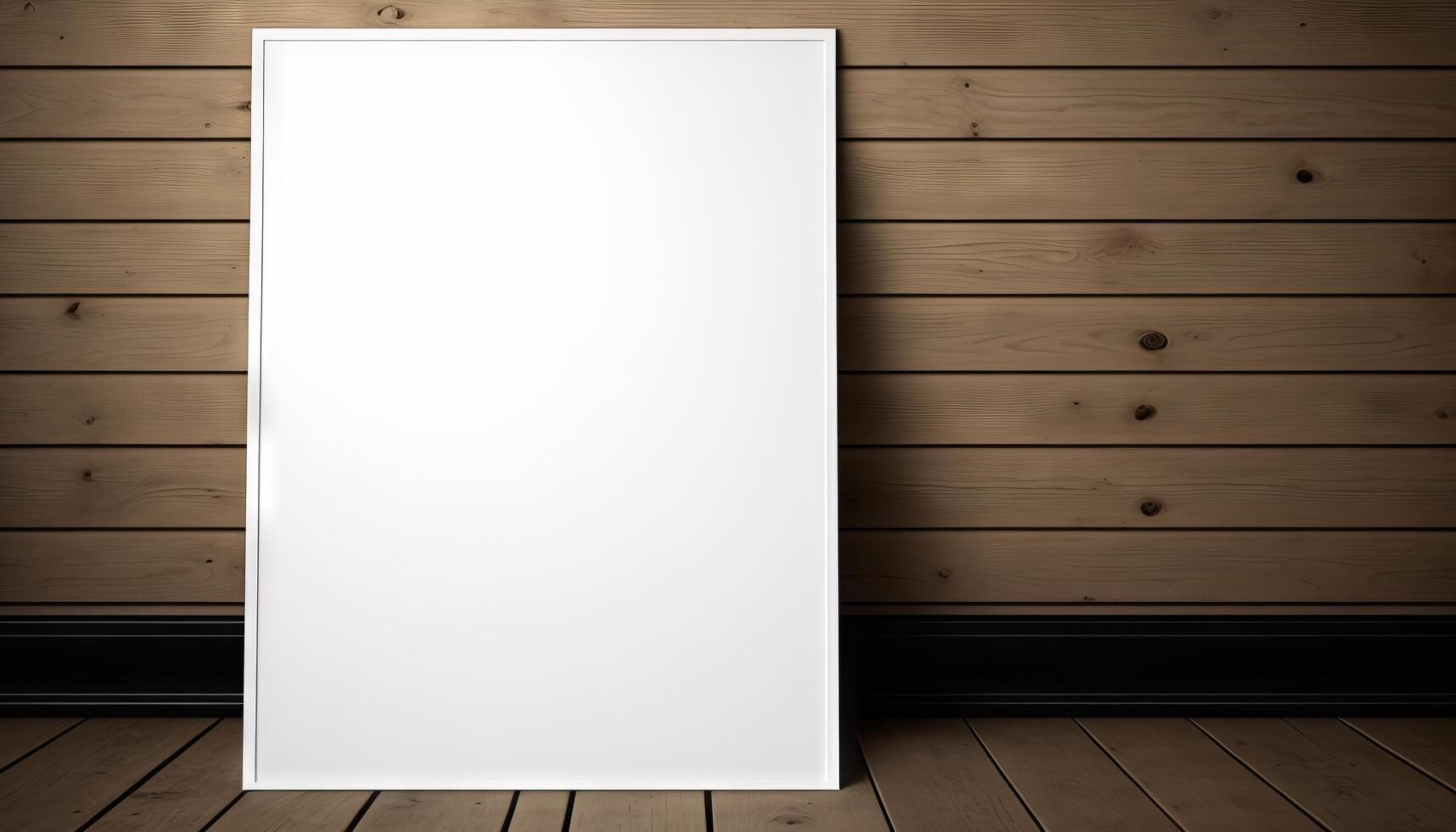 Blank white paper poster on plank wooden floor and wall. photo