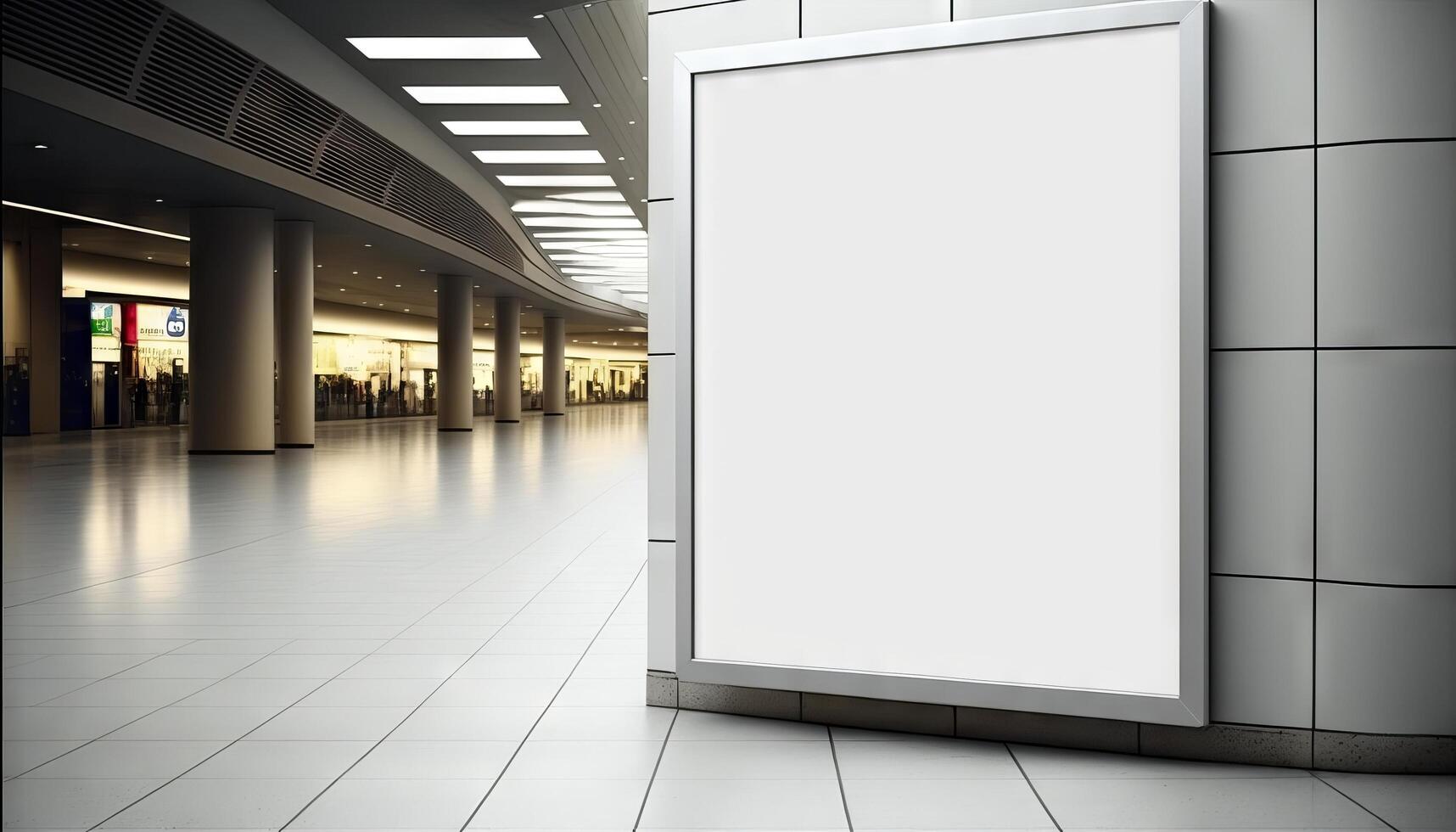 Blank poster billboard attached wall with copy space for your text message in modern shopping mall. photo