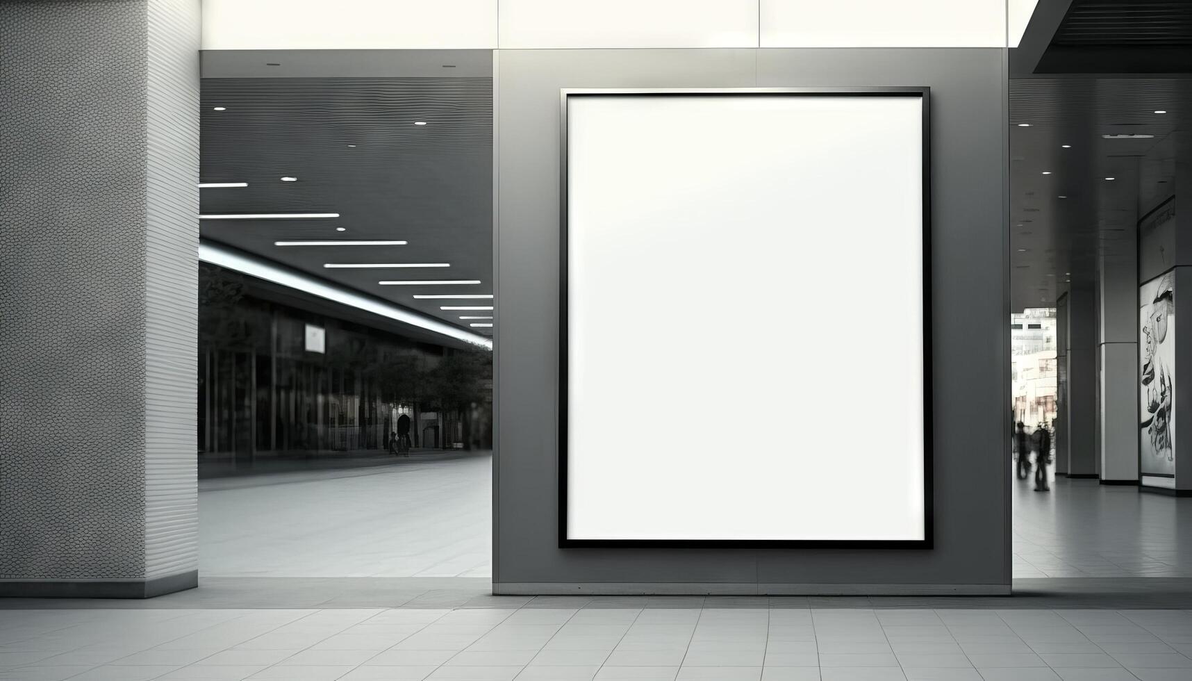 Blank poster billboard attached wall with copy space for your text message in modern shopping mall. photo