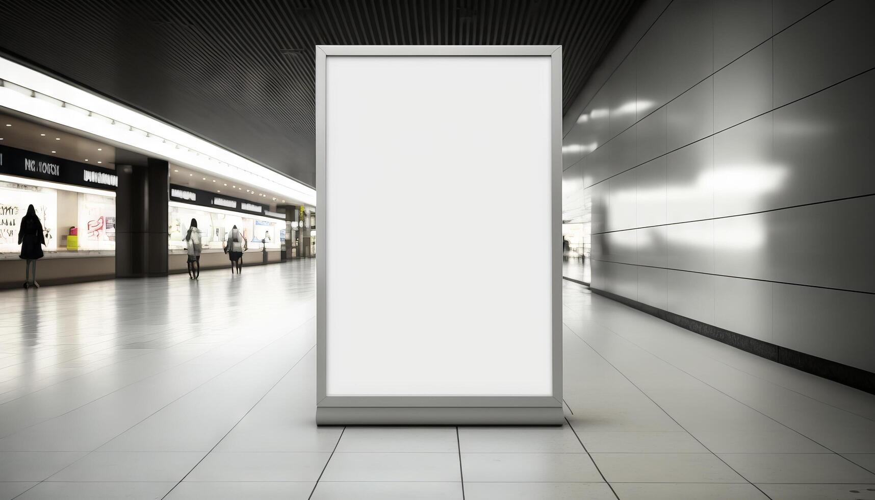 Blank poster billboard attached wall with copy space for your text message in modern shopping mall. photo