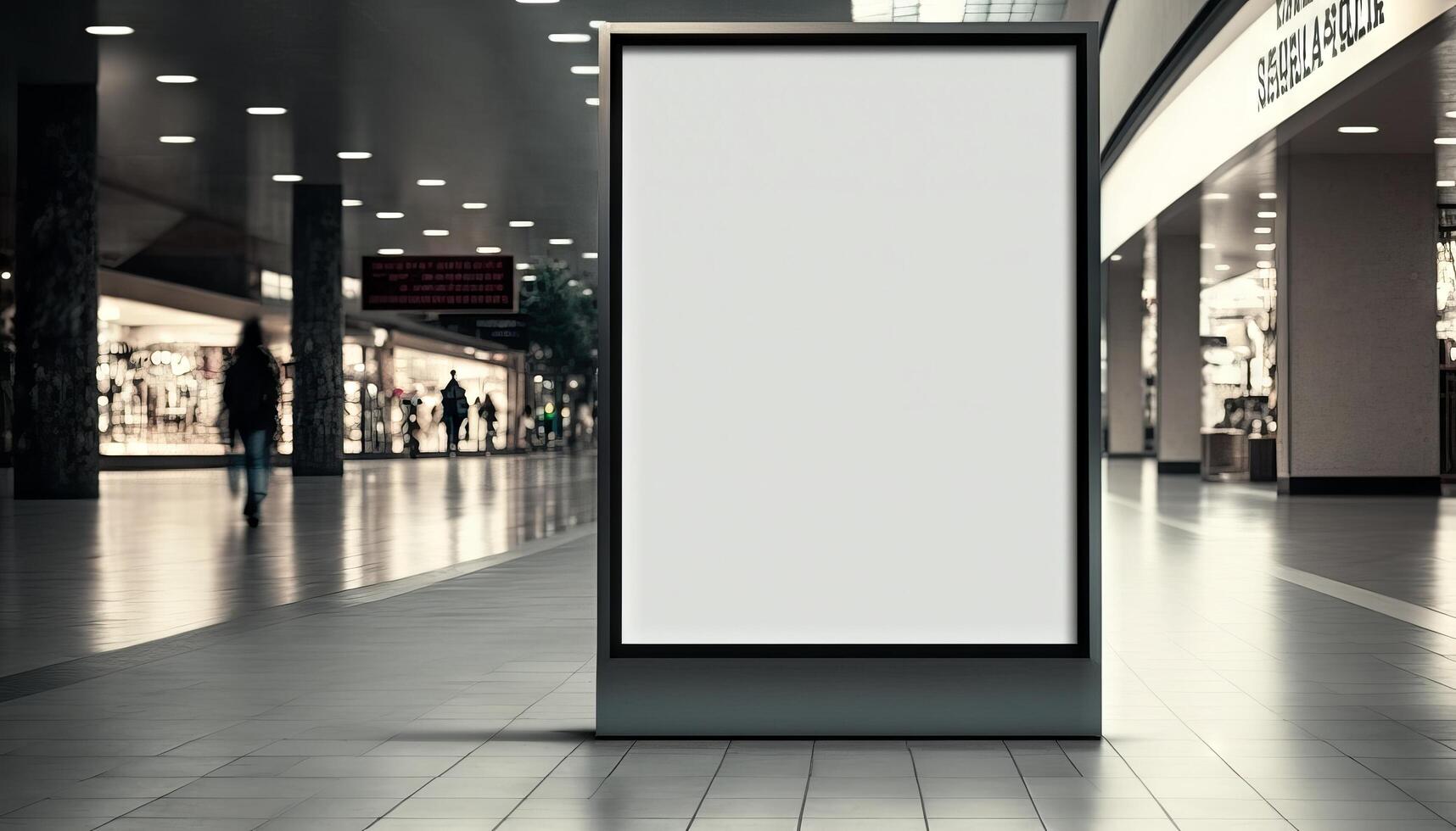 Blank poster billboard attached wall with copy space for your text message in modern shopping mall. photo