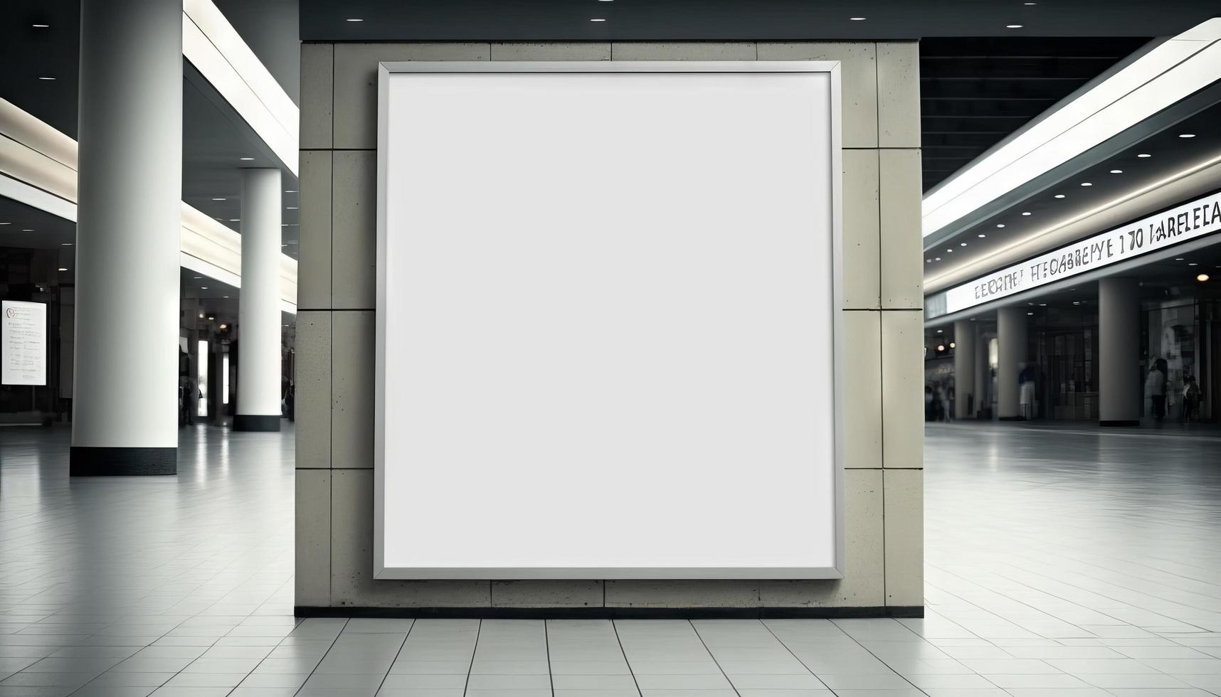 blanco póster cartelera adjunto pared con Copiar espacio para tu texto mensaje o contenido en moderno compras centro comercial foto