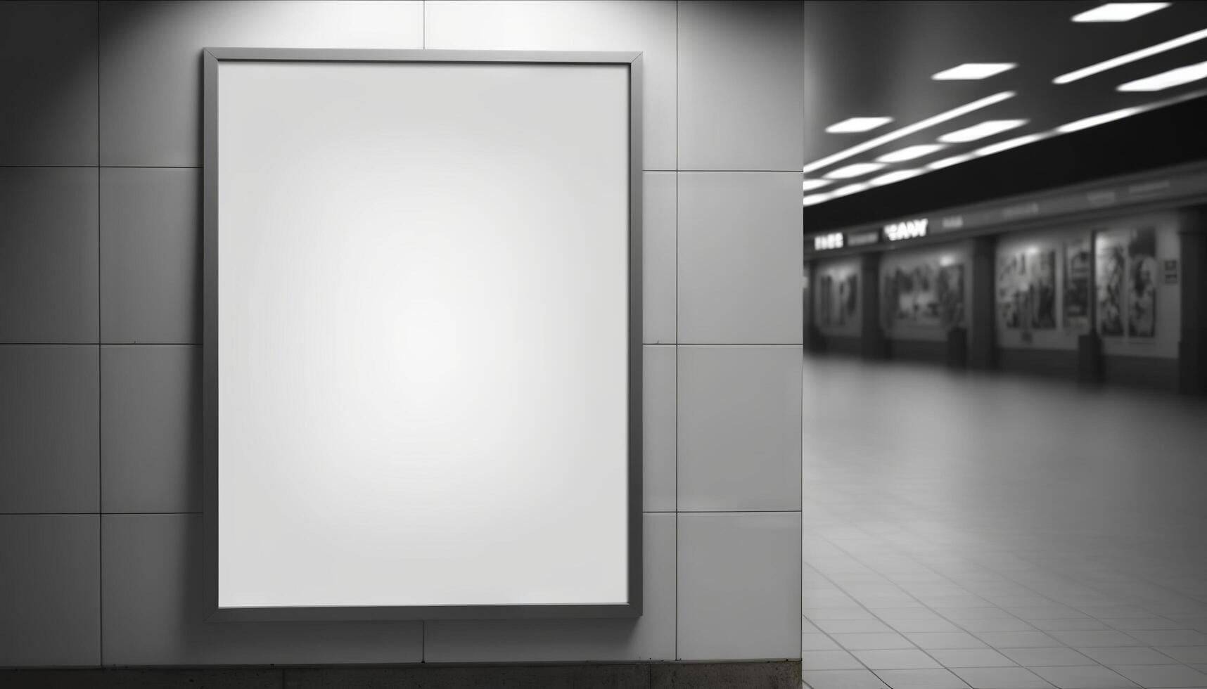 blanco póster cartelera adjunto pared con Copiar espacio para tu texto mensaje en moderno compras mall.generativo ai foto