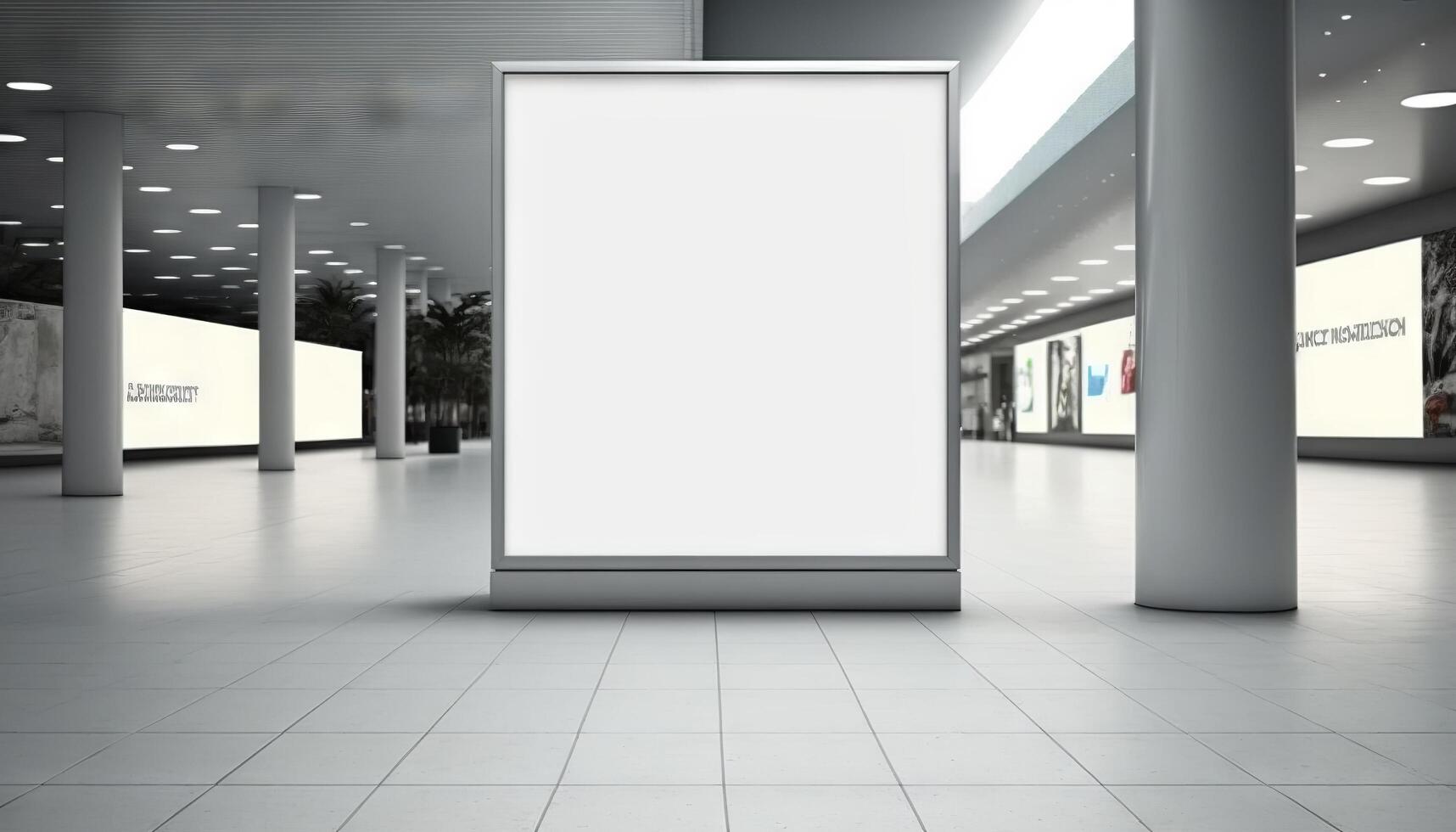 blanco póster cartelera adjunto pared con Copiar espacio para tu texto mensaje en moderno compras mall.generativo ai foto