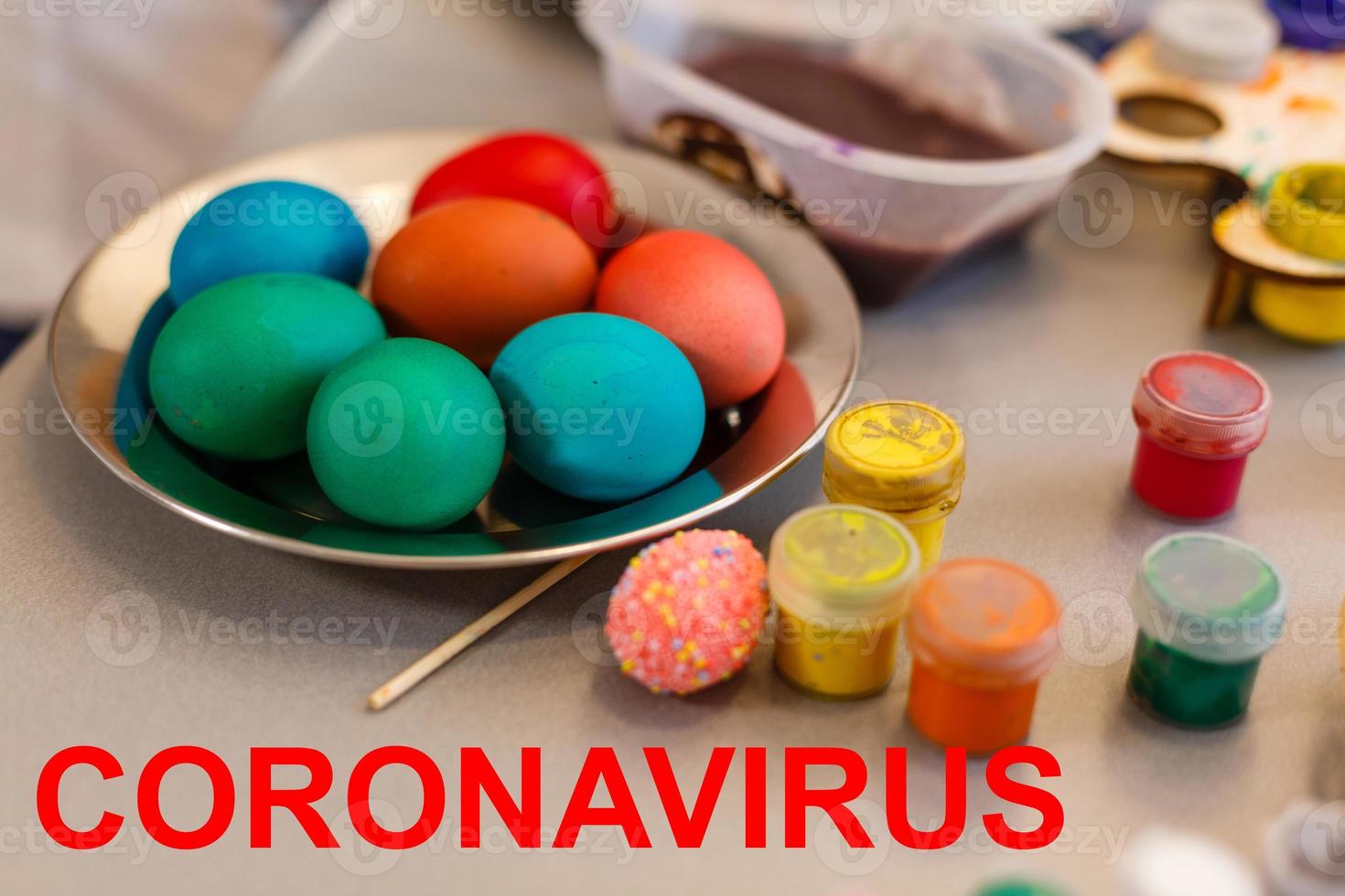 A red tag with an inscription on Easter eggs, a major plan. The concept of banning celebrations in response to a pandemic outbreak COVID-19 photo