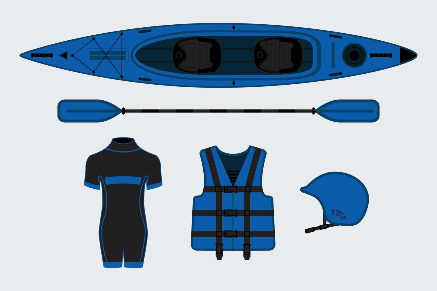 Blue flat rafting set with kayak, helmet, paddle, sweam suit and life jacket vector