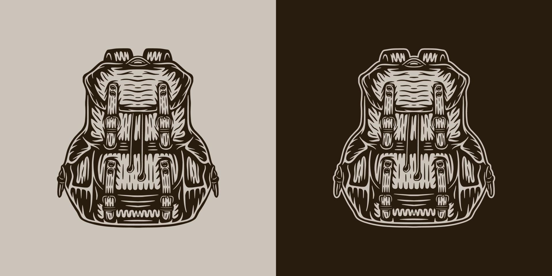 Clásico retro cámping aventuras viaje al aire libre elemento. mochila bolsa. lata ser usado para emblema, logo, insignia, etiqueta. marca, póster o impresión. monocromo gráfico Arte. vector ilustración.