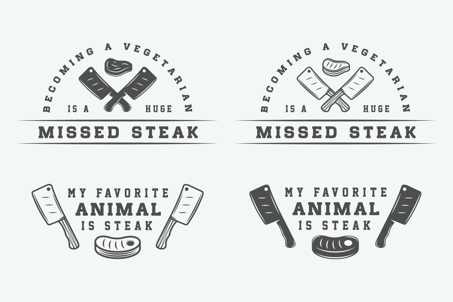 Set of vintage butchery meat, steak or bbq logos, emblems, badges, labels. Monochrome Graphic Art. Vector Illustration.