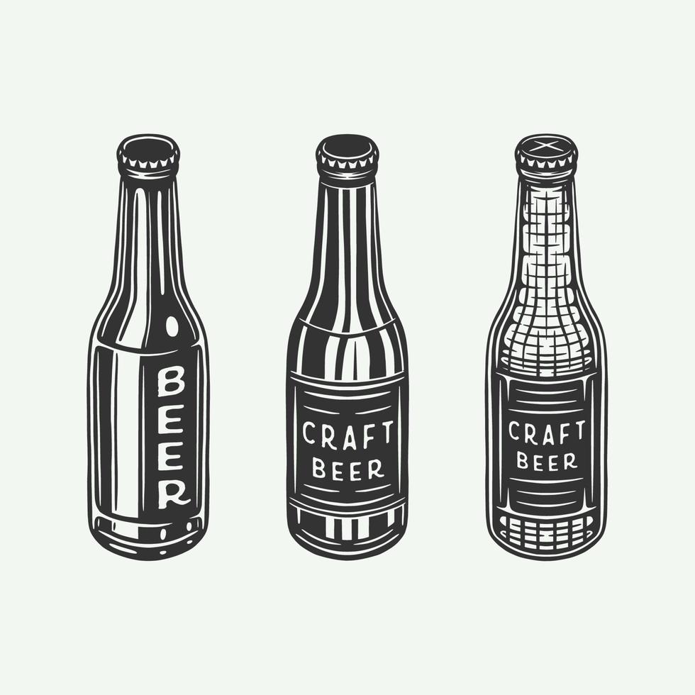 Vintage retro beer bottles or drink bottles. Can be used like emblem, logo, badge, label or mark. Also can be used like poster or print. Monochrome Graphic Art. Vector Illustration.