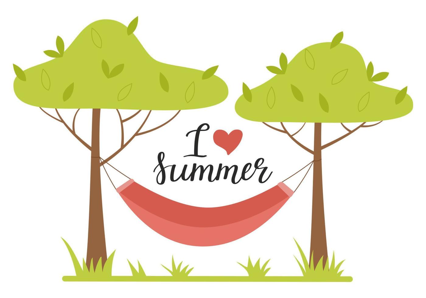A hammock stretched between the trees. Handwritten phrase - I love summer. No people. A card with a hand lettering. Outdoor recreation, vacation, camping. Flat vector illustration isolated on white