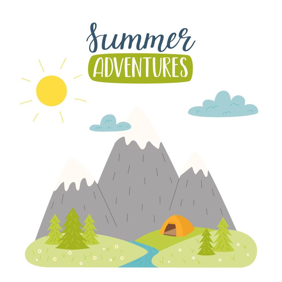 Mountains, river, fir trees and tent on the horizon and handwritten words -Summer advrntures. Summer landscape. Outdoor recreation, hiking, camping, tourism. Flat cartoon vector illustration on white