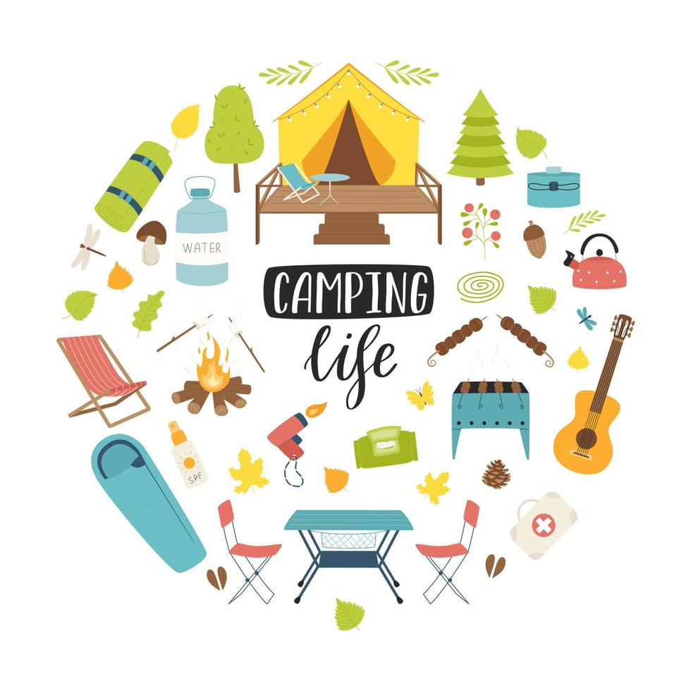 A set of hiking equipment for travel, picnic, camping, tourism. Round composition as a print on clothes, postcards, web design. Flat vector illustrations isolated on a white background.