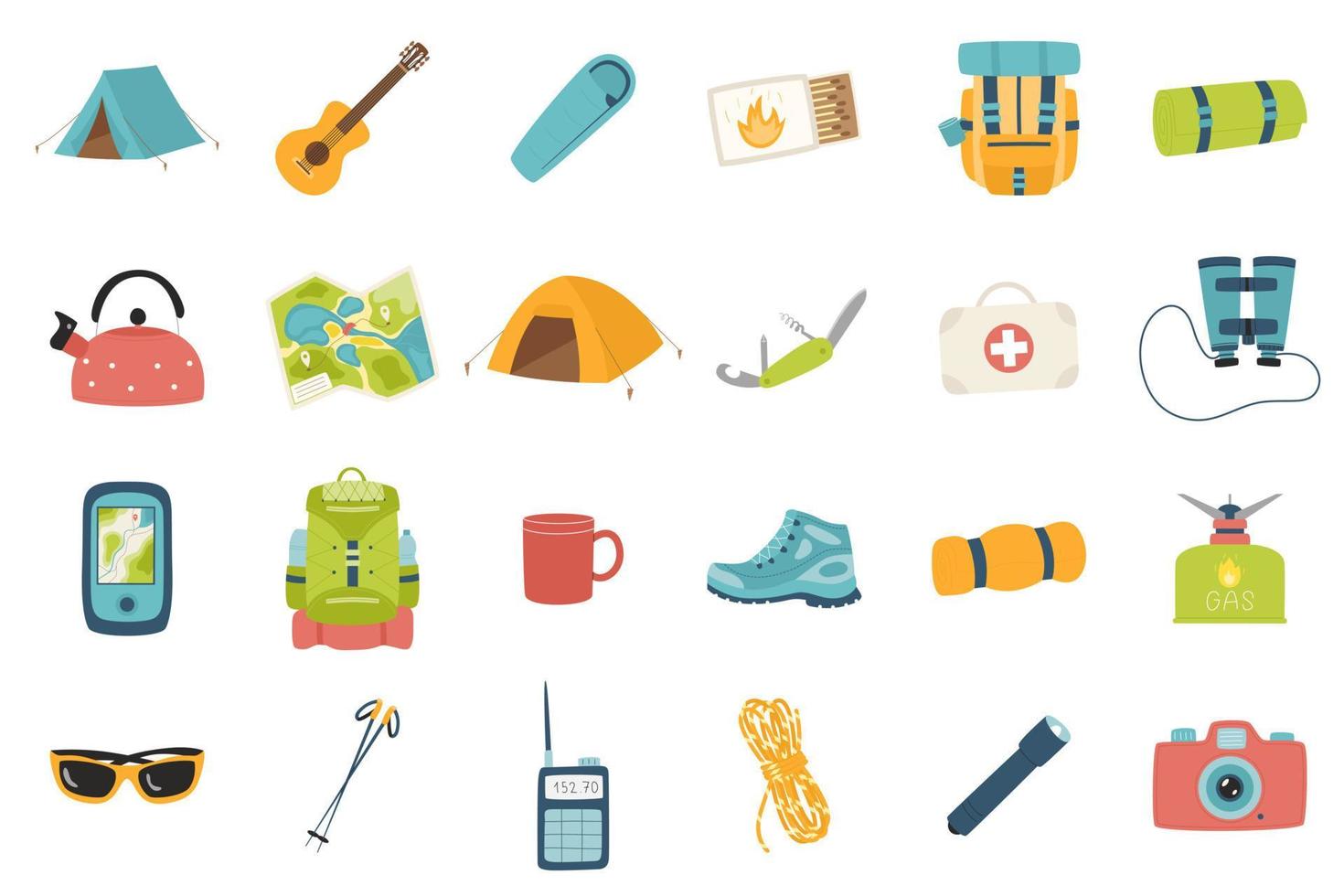 A set of design elements for summer, vacation, tourism, hiking, camping, picnic. Flat cartoon icons for web. cards, posters, banners. Color vector illustration isolated on a white background.