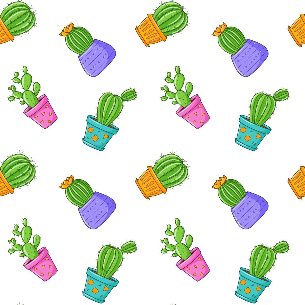 sin costura modelo con diferente cactus, suculento planta en brillante flor maceta. dibujos animados cactus mano dibujo antecedentes con plantas de interior vector ilustración en blanco antecedentes