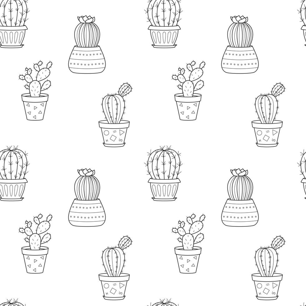 Seamless pattern with hand drawn doodle outline potted cactuses. Home plant, linear succulent. Vector black and white illustration on white background