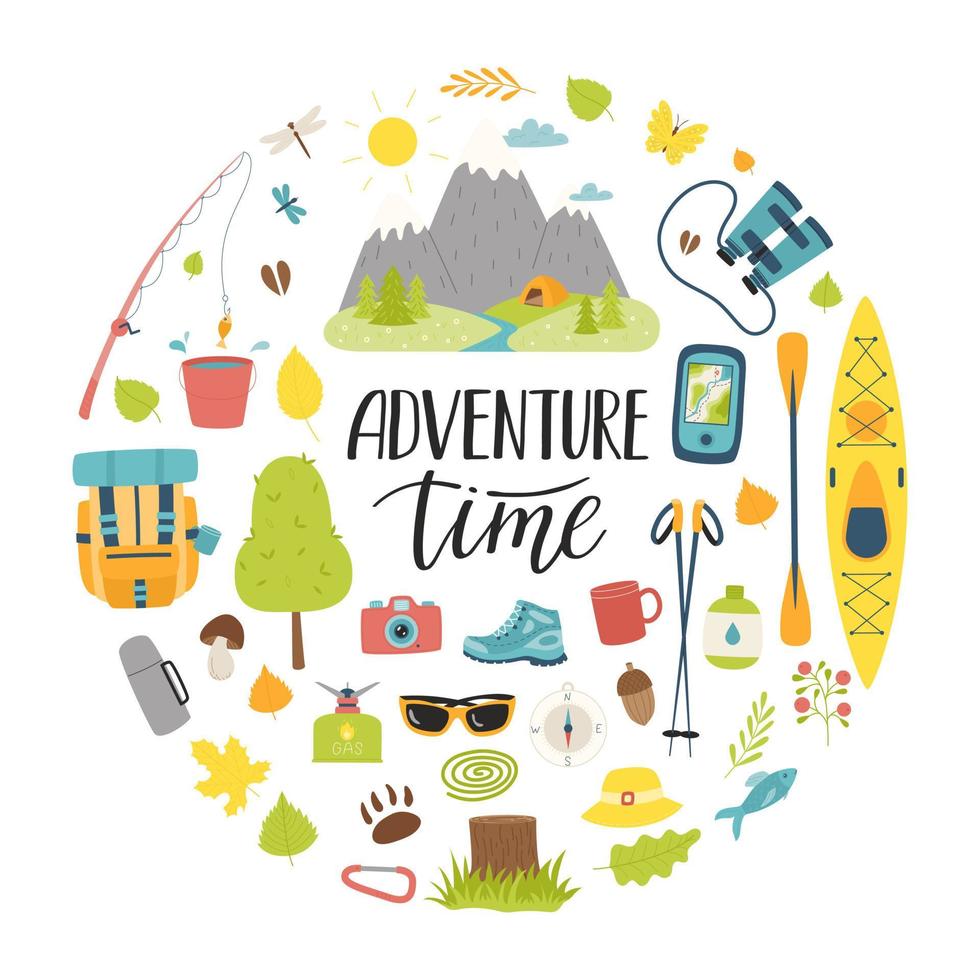 un conjunto de turista equipo para cámping, de viaje, picnic, pesca. letras aventuras tiempo. redondo composición como un impresión en ropa, postales, web. plano vector ilustraciones aislado en blanco.