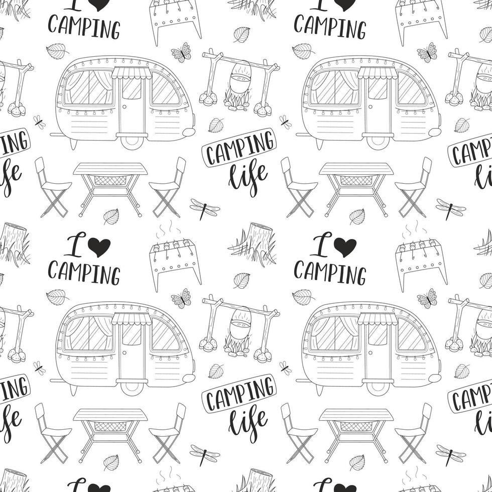 Camping seamless pattern. Travel background with hand drawn outline hiking elements and lettering. Doodle backdrop for website, banner, cover, textile, packaging design. Vector illustration on white