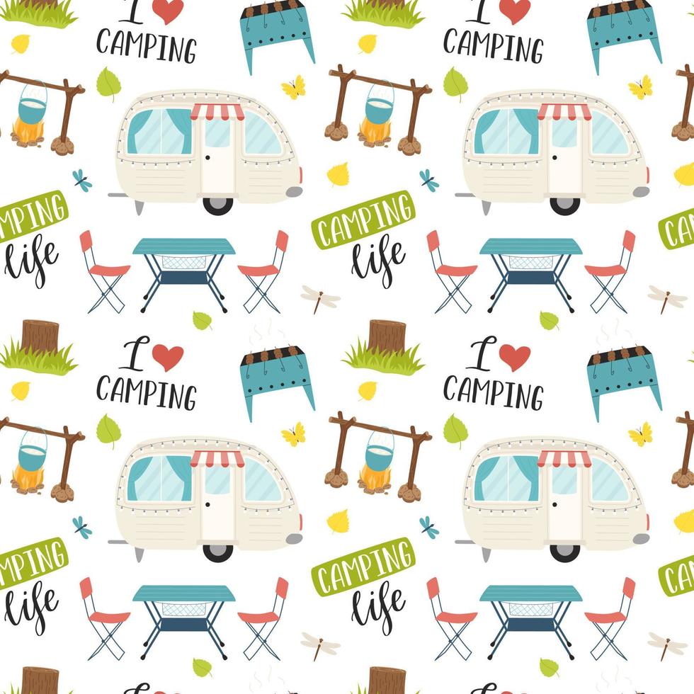 Camping seamless pattern with motorhome and camping furniture. Hand drawn cartoon travel elements and lettering. Backdrop for website, banner, cover, textile, packaging. Vector illustration on white