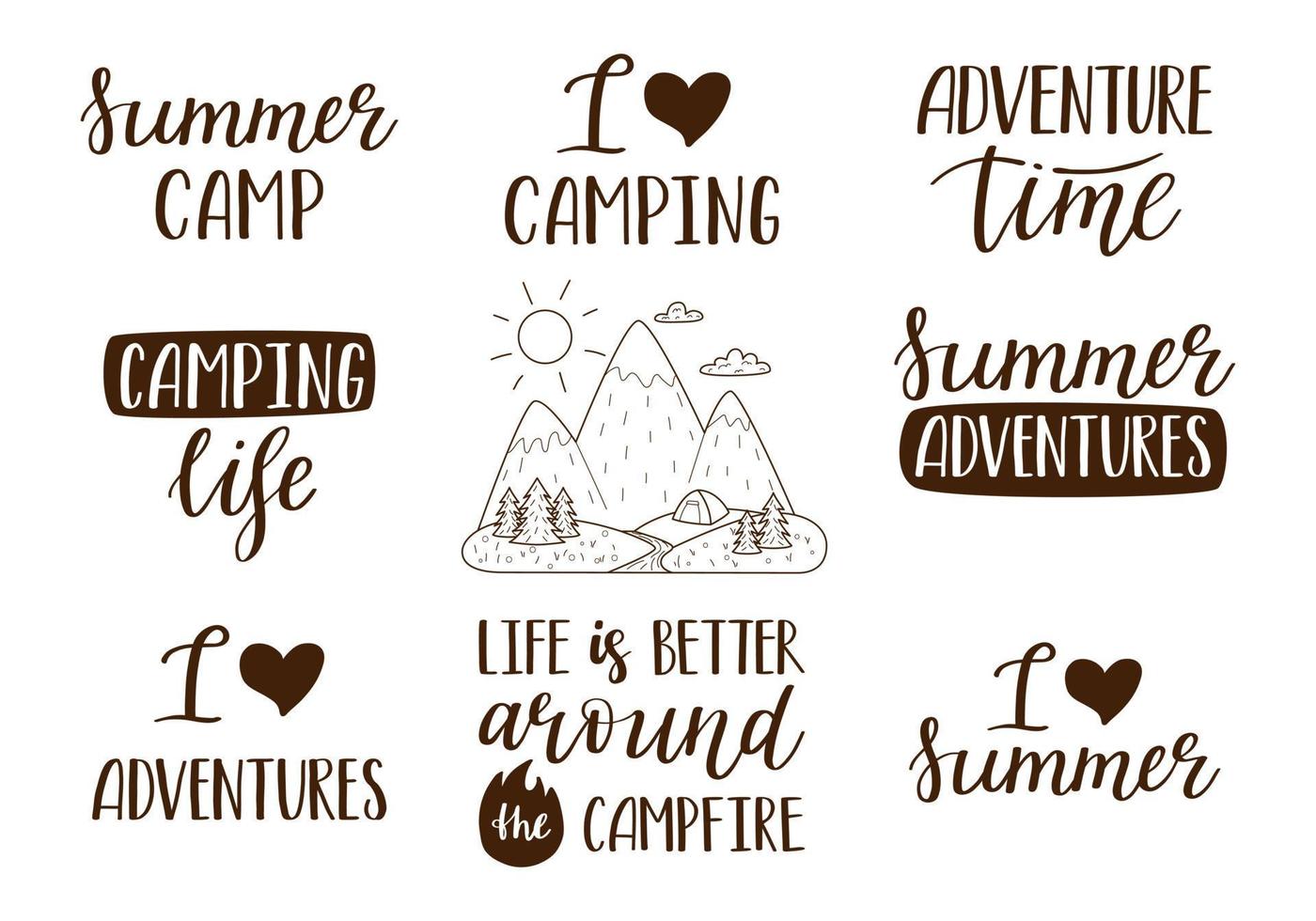 A set of handwritten phrases for summer, vacation, tourism, hiking, adventure, camping. Hand lettering and mountain landscape. Text elements. Black and white flat vector illustration isolated on white