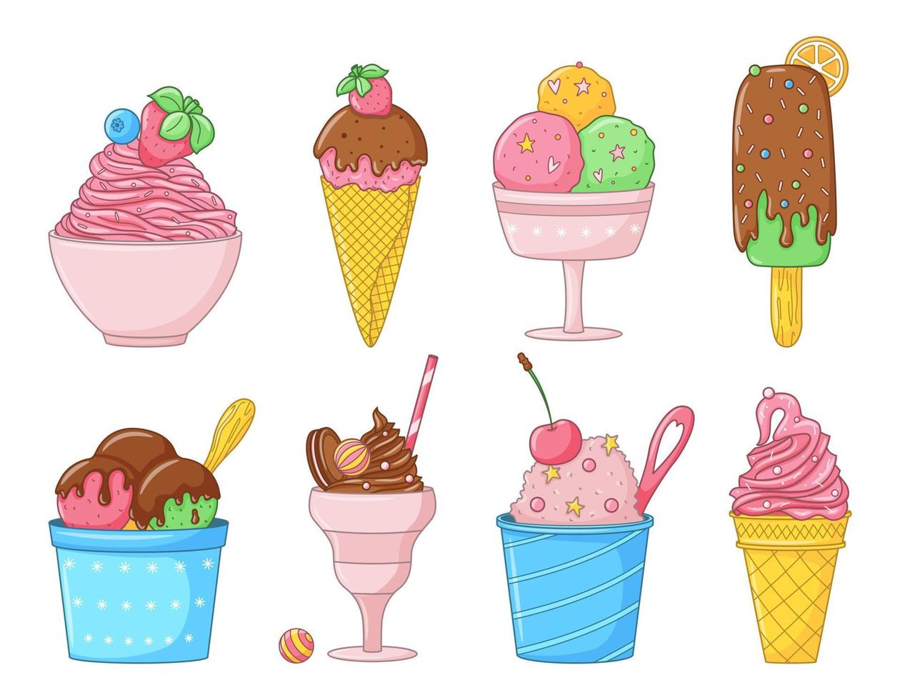 Set of cartoon colored doodle ice cream. Collection of different types of ice cream. Hand drawn Delicious frozen dessert. Bright summer sweet food. Color vector illustrations isolated on white