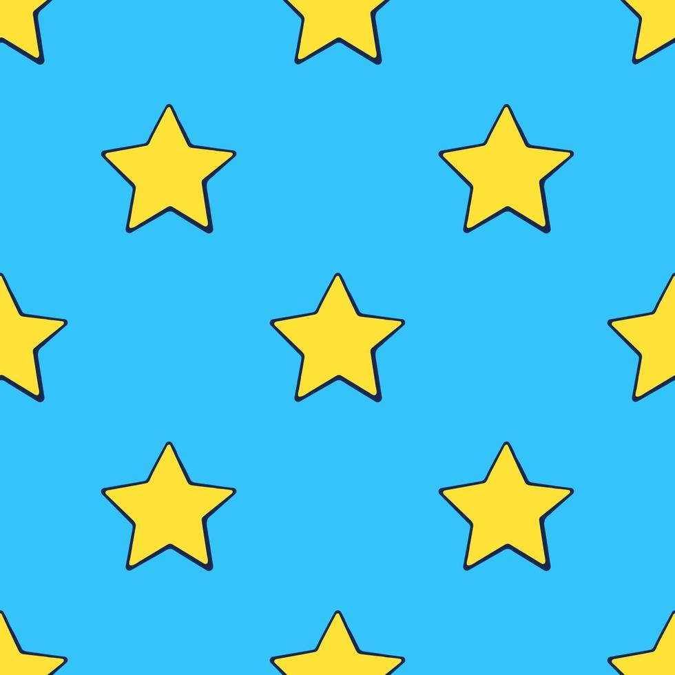 Seamless pattern with cute yellow stars at pop art style on blue background. Weather symbol vector