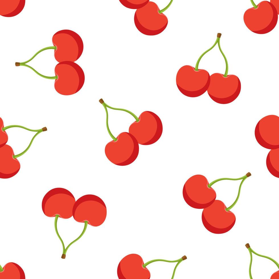 Seamless pattern with falling twin red cherries with a stem on white background. Healthy vegetarian food with berry fruits vector