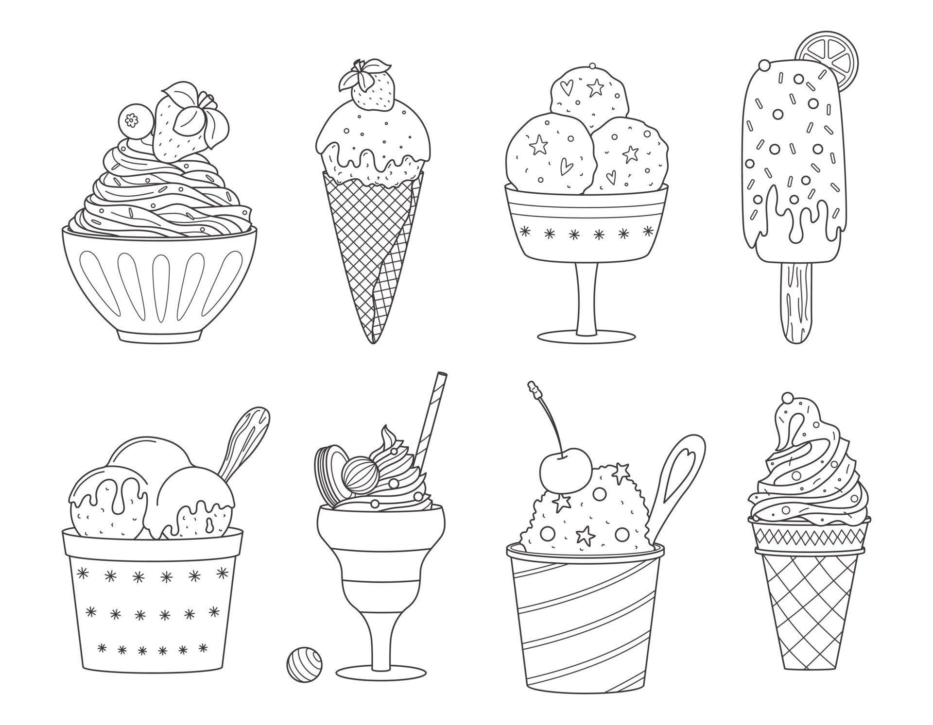 Set of vector outline ice cream. Summer sweet food. Delicious frozen