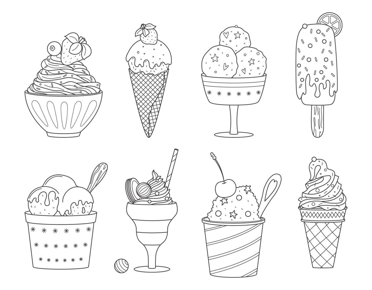 Set of vector outline ice cream. Summer sweet food. Delicious frozen dessert. Collection of different types of an Ice Cream. Hand drawn doodle linear black and white illustrations isolated on white