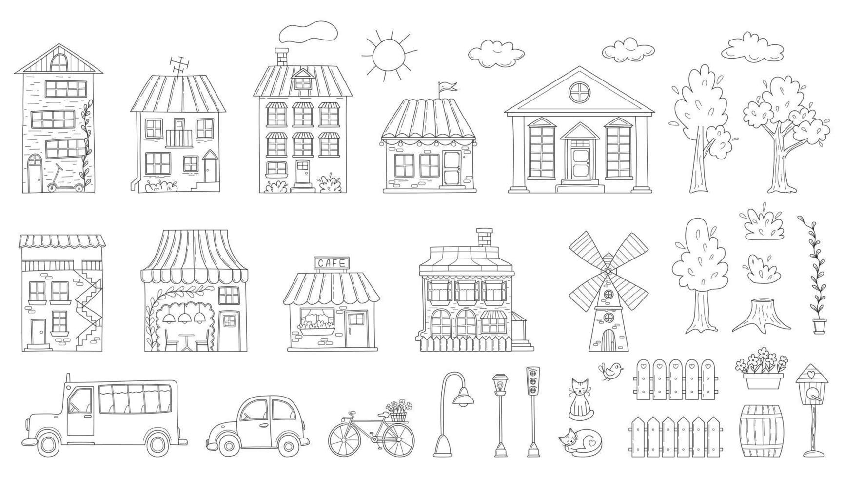 un conjunto de contorno casas, edificios, cafetería, molino, árboles, vehículos en bosquejo garabatear estilo. vector