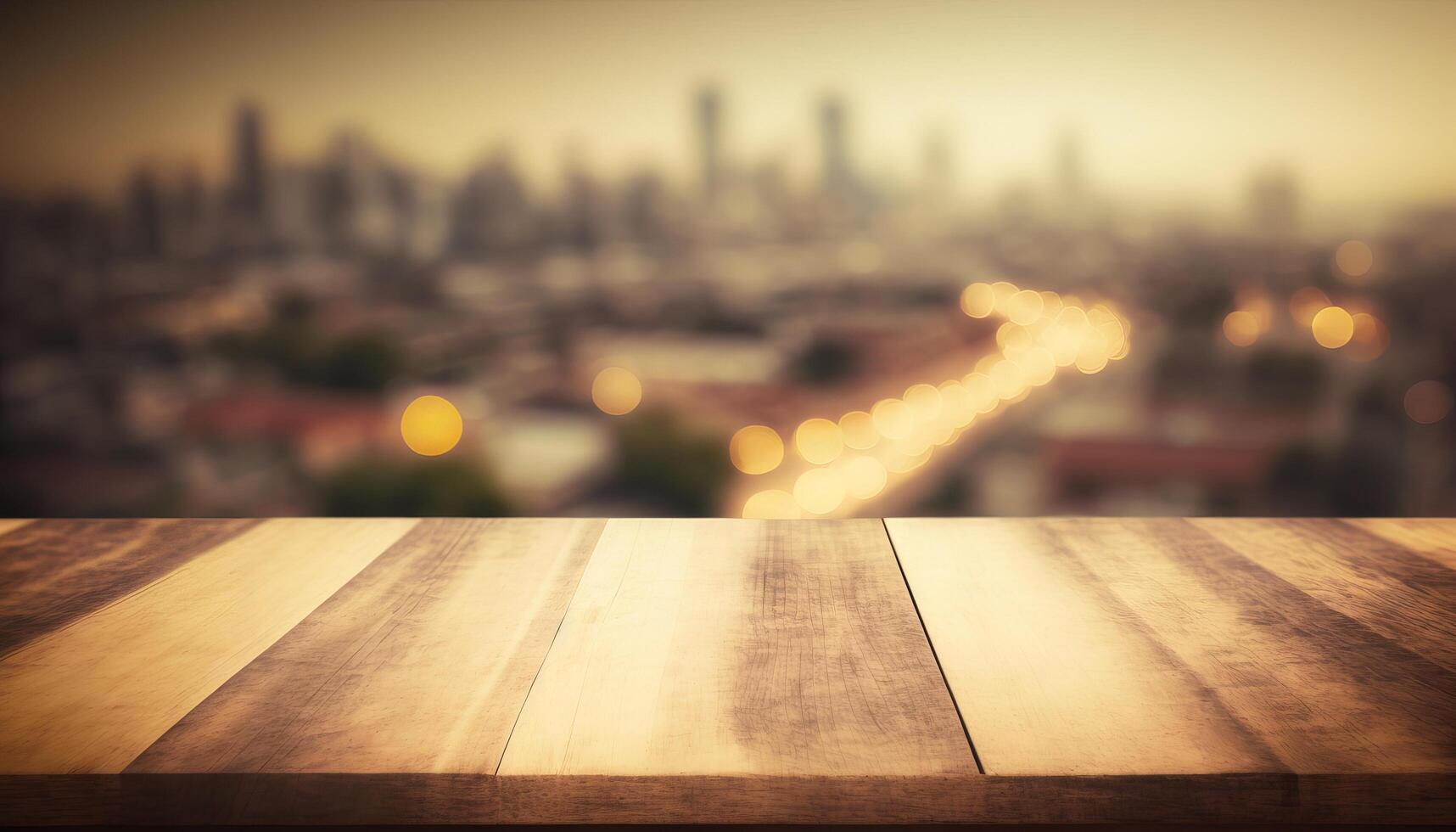 Wooden board empty table top blurred background. perspective brown wood table over blur city building view background. photo