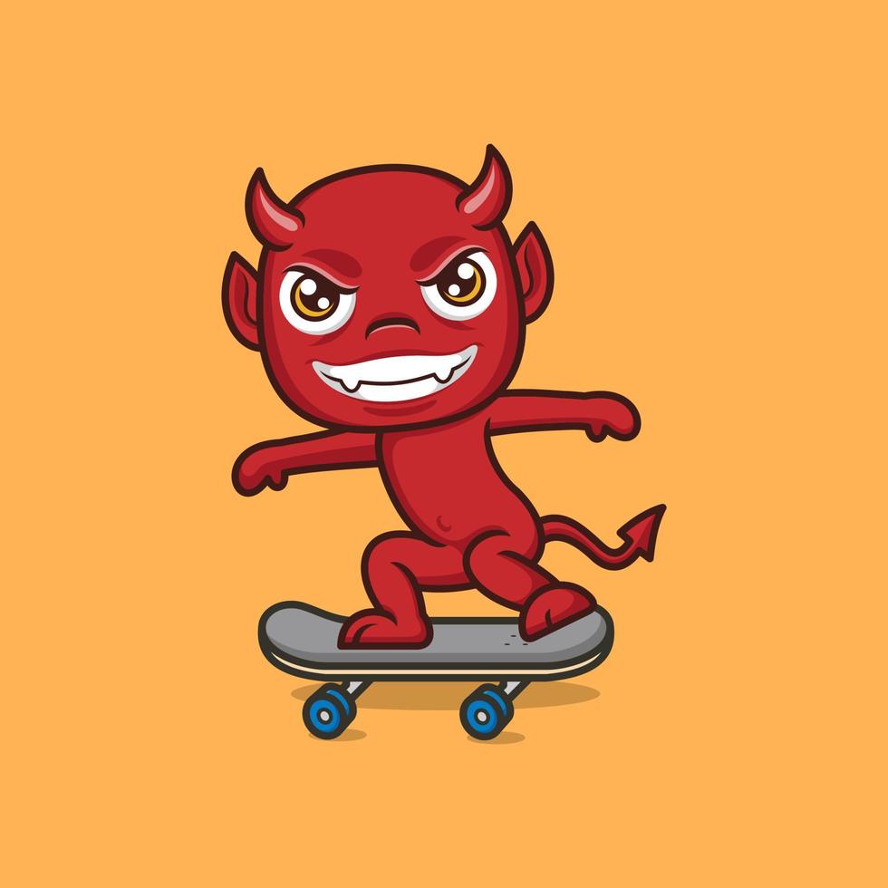 linda dibujos animados diablo jugando patineta vector