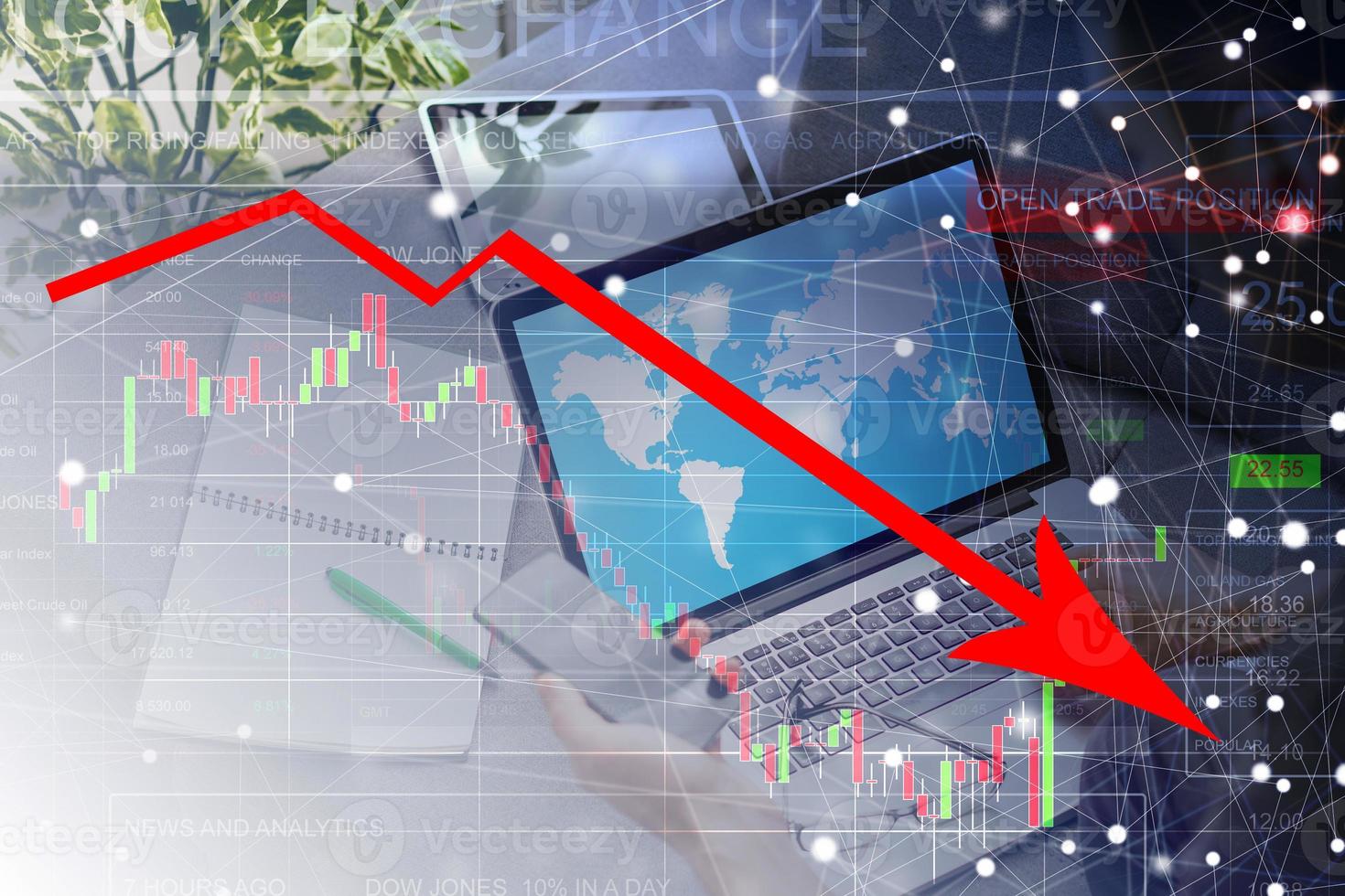 The economic crisis of 2020. Red arrows fall to the ground, indicating the economic recession that will occur in 2020. photo