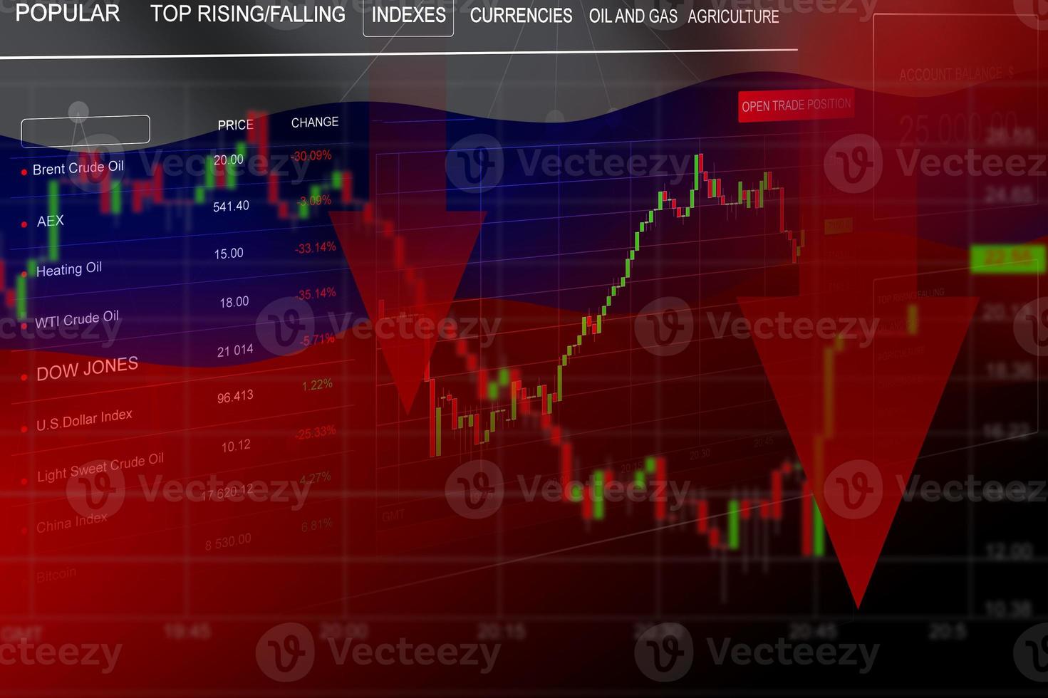 2020 crisis charts on Russia flag background photo