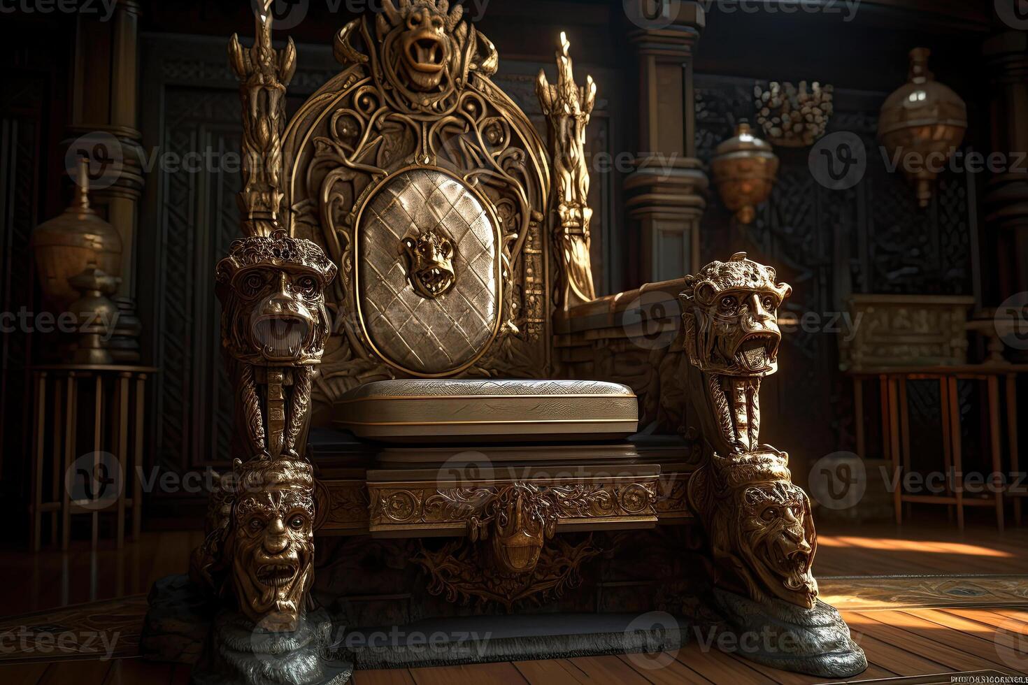 Empty royal throne in dark castle hall. Fantasy medieval throne for king. photo