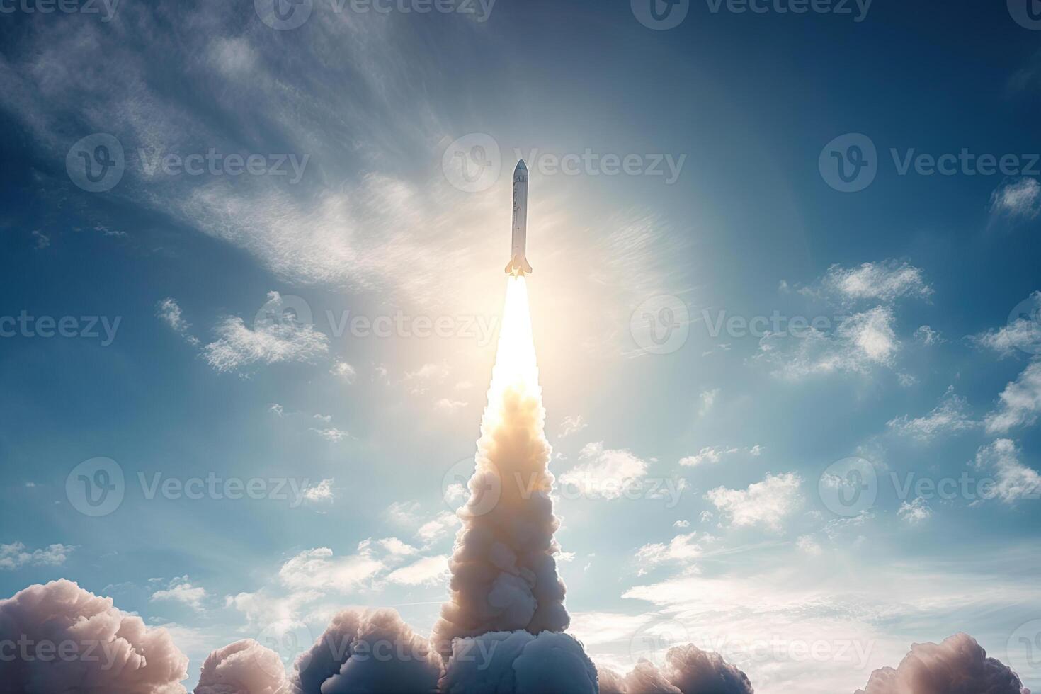 Rocket launch from cosmodrome. Fight of space rocket in blue sky. Space mission. photo