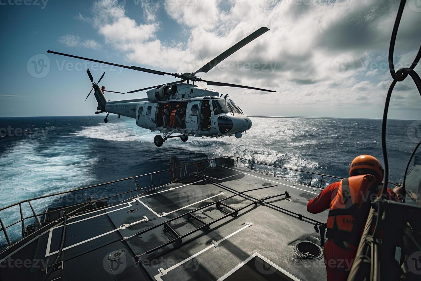 Search and rescue operation in sea. Emergency rescue helicopter flies over sea surface. photo