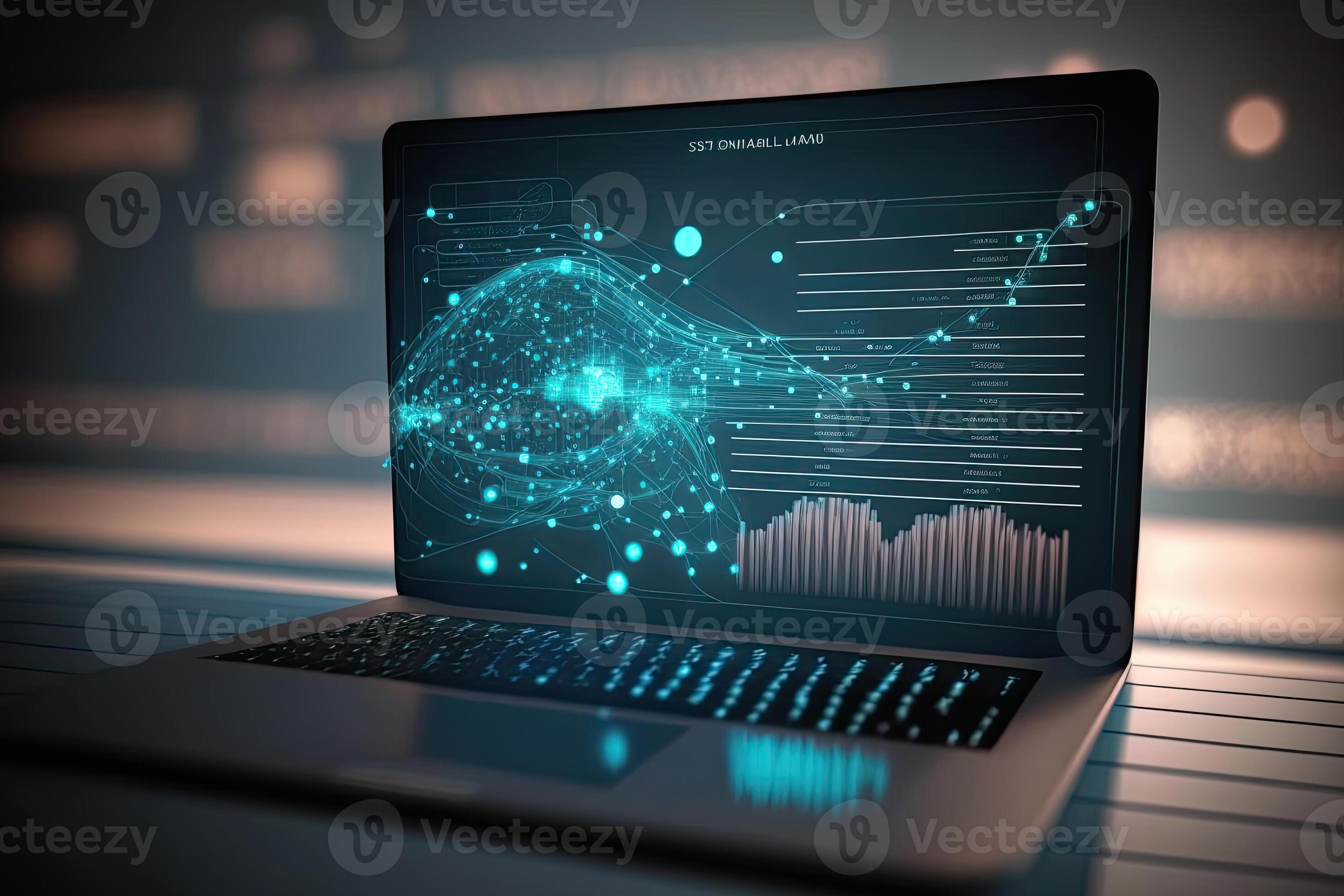 Digital data and network connection on laptop screen. Big data analysis ...