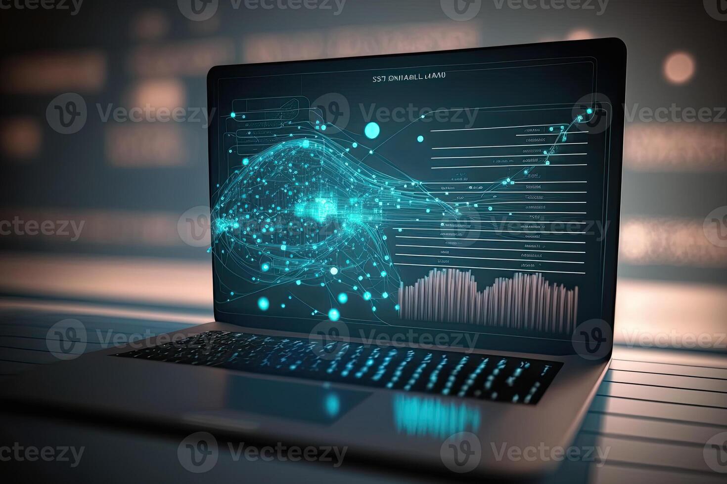 Digital data and network connection on laptop screen. Big data analysis. photo
